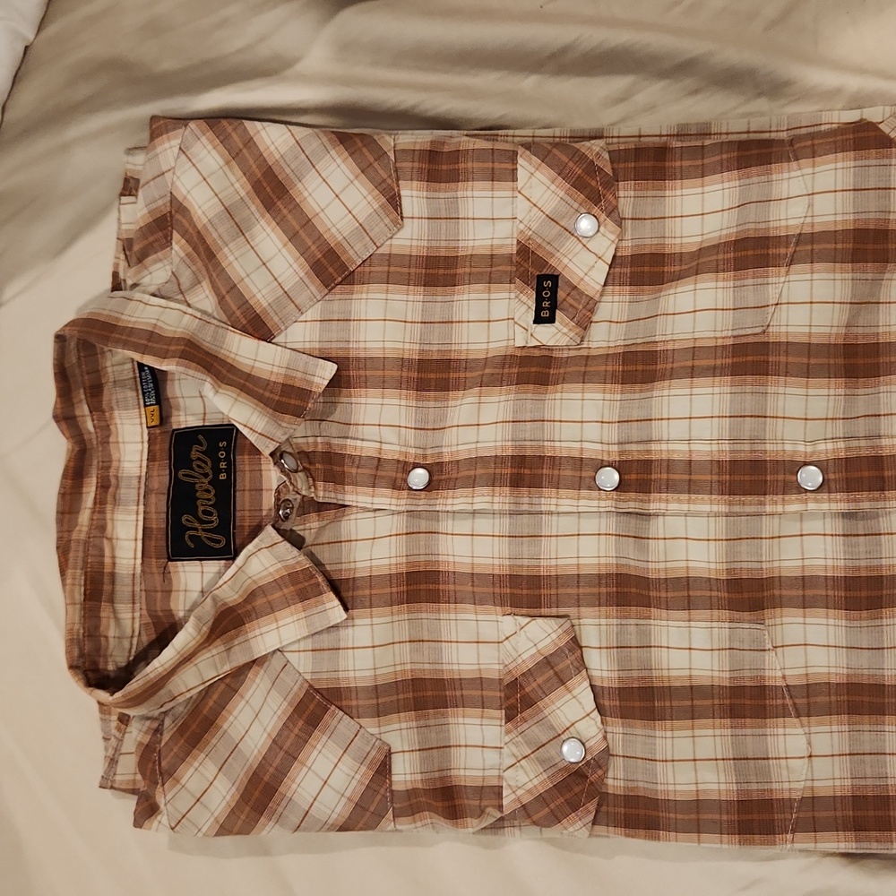 Howler Bros Shirt Men XXLarge Burnt Orange Plaid Western Pearl Snap Short Sleeve